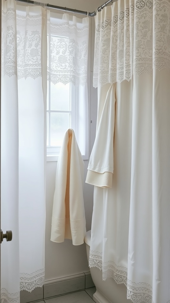 A vintage bathroom with lace and linen textiles, featuring a soft shower curtain and neatly hung towels.