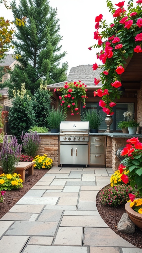 A well-landscaped outdoor kitchen featuring a stone path, grill, and colorful flowers.