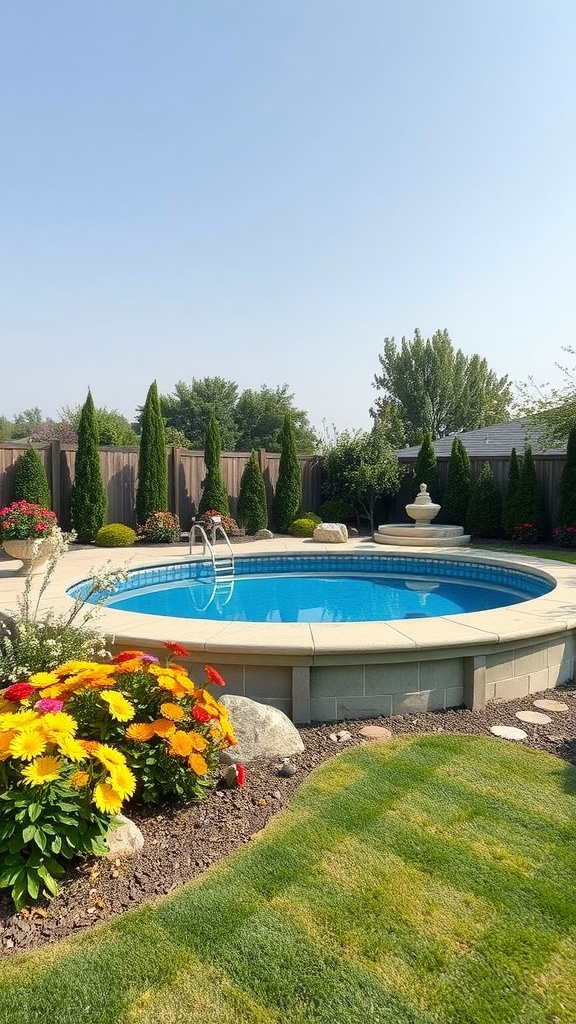A beautifully landscaped pool deck featuring colorful flowers, tall evergreens, and a stone pathway.