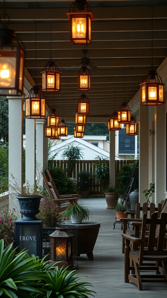 A covered patio with hanging lanterns providing warm light, surrounded by plants and wooden furniture.