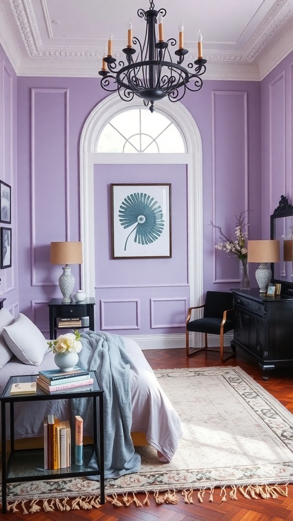 A bedroom with lavender walls and black accents, featuring a chandelier, nightstands, and decorative elements.