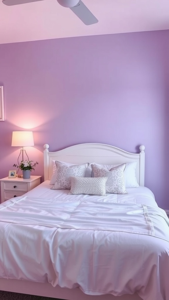 A cozy bedroom featuring lavender walls, a white bed frame, and decorative pillows.