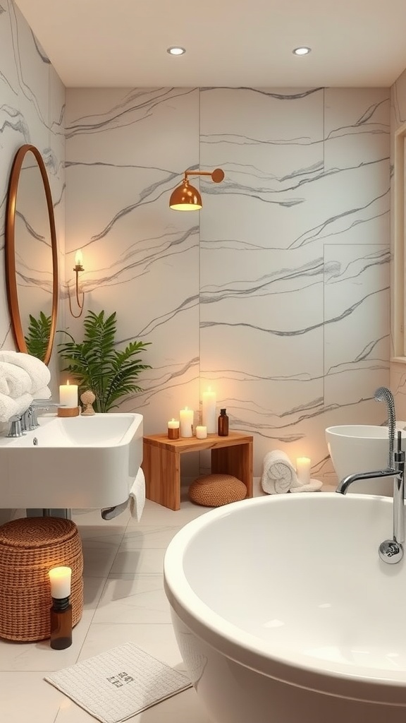 A luxurious bathroom featuring marble walls, a freestanding tub, candles, and natural elements.