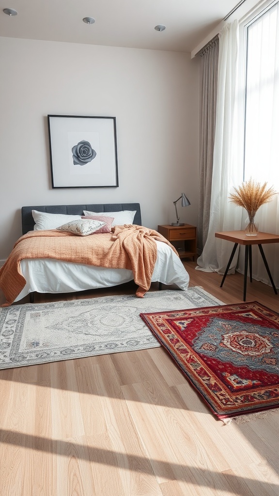 A cozy modern bedroom featuring layered area rugs on a wooden floor, with a bed and decorative elements.