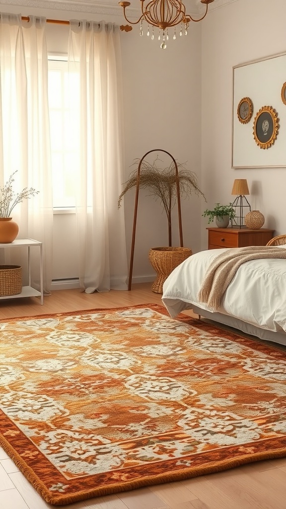 A cozy bedroom with a layered area rug featuring orange hues, beige walls, and wooden flooring.