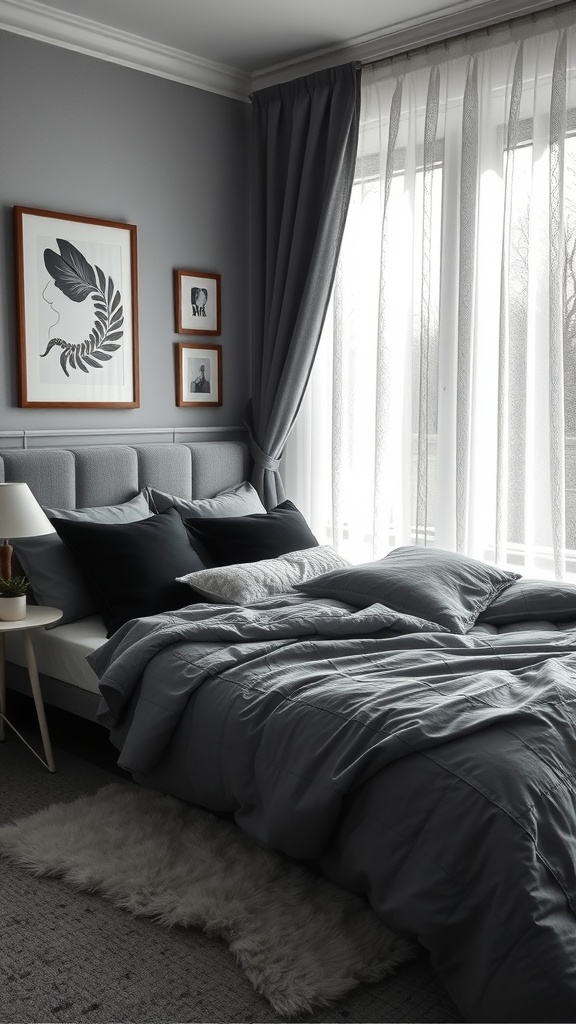 A cozy gray and black bedroom featuring layered bedding with various textures and shades.