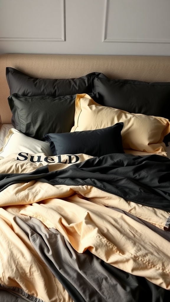 Layered black and beige bedding with various pillows