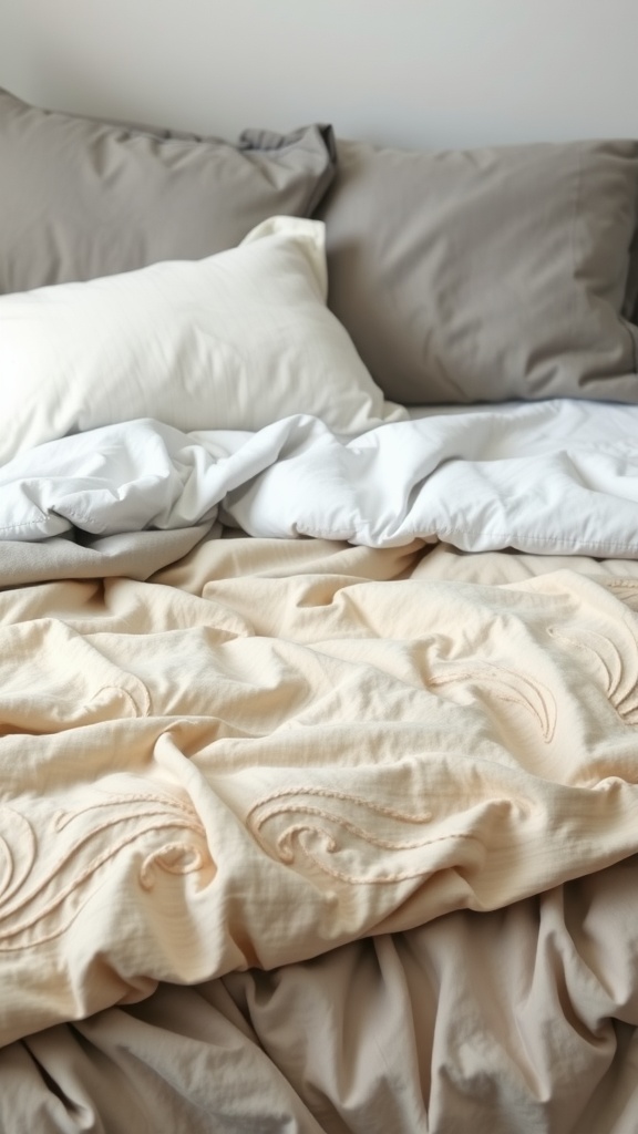 A close-up of layered bedding in beige and grey tones, featuring various pillows and a quilt with subtle embroidery.