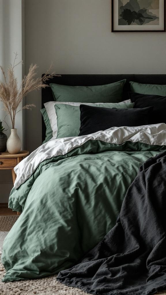 A cozy bedroom with layered bedding in shades of green, featuring a black throw blanket and decorative pillows.