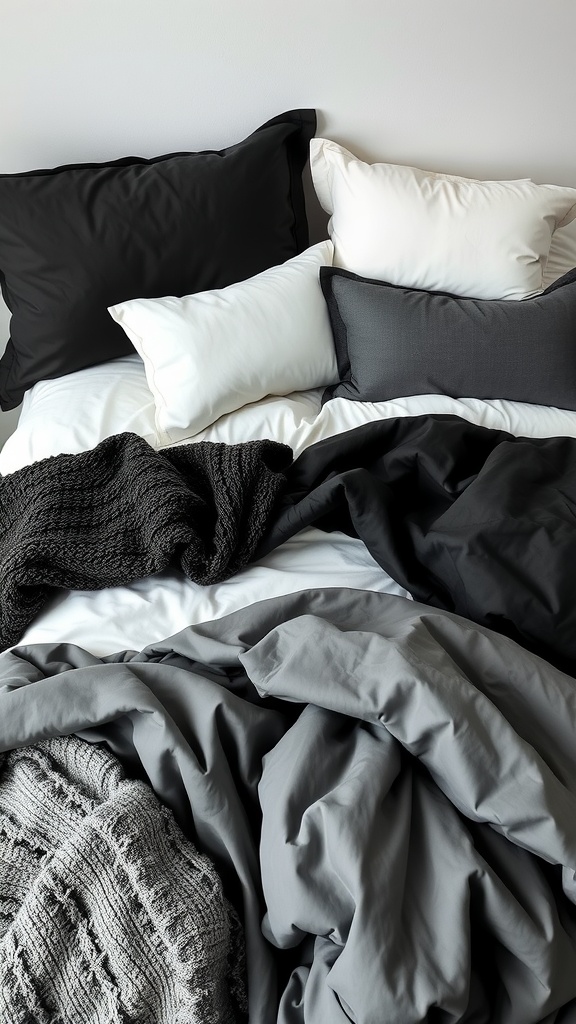 A layered bedding arrangement featuring black, white, and grey colors with various textures and pillows.