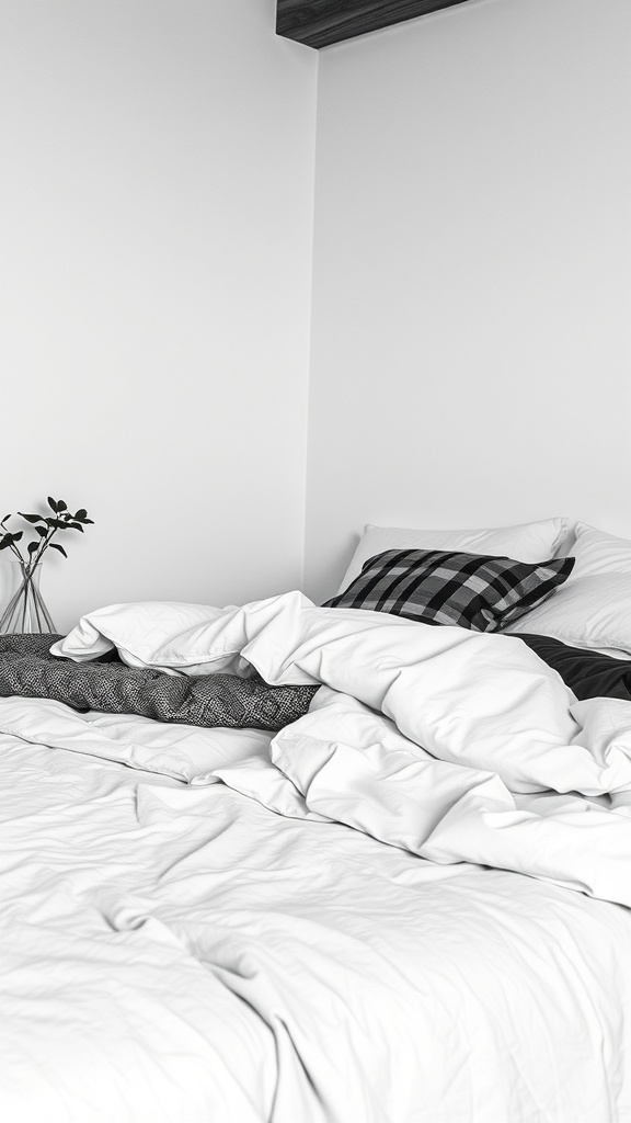 A cozy black and white layered bedding arrangement with pillows and a plant.