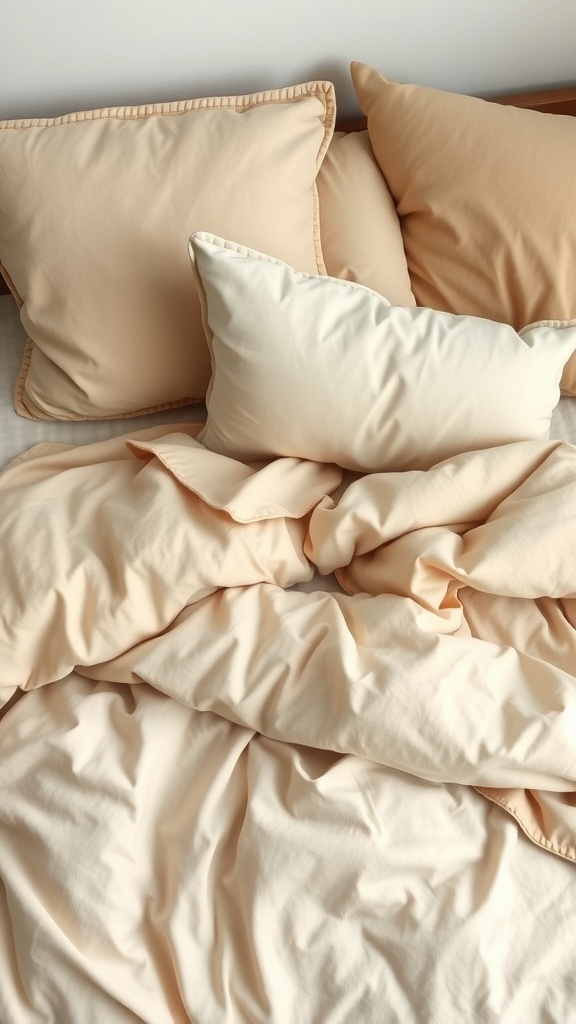 A cozy arrangement of beige bedding, featuring pillows in various shades of beige and cream on a neatly made bed.
