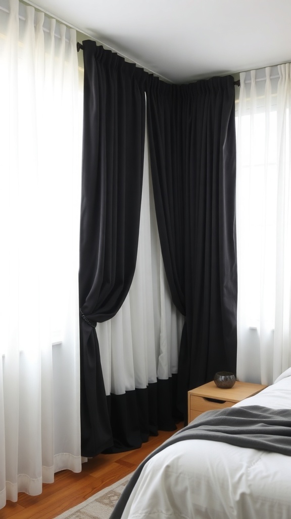 Layered black and white curtains in a bedroom setting