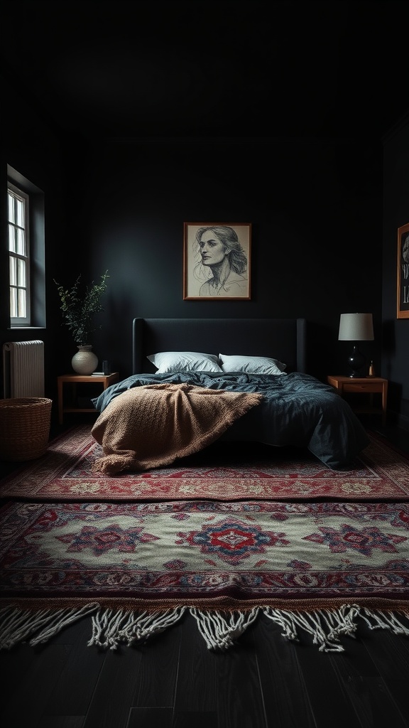 A cozy black bedroom featuring layered rugs, a bed with a blanket, and framed artwork on the walls.