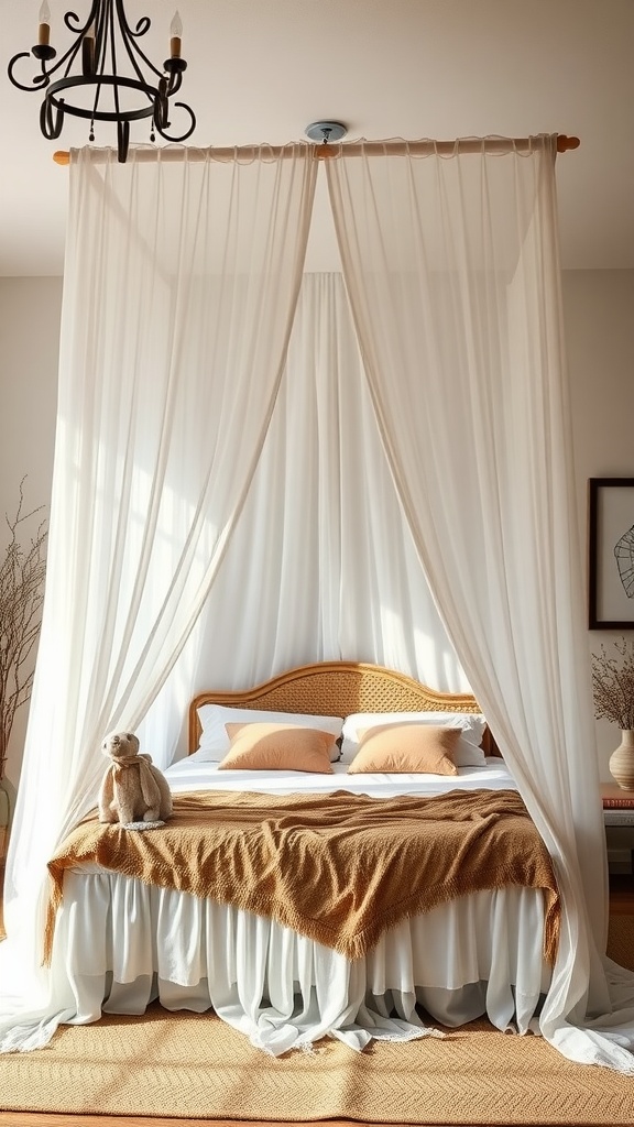 A cozy boho bedroom featuring a bed with layered canopies and curtains, warm tones, and a soft throw blanket.
