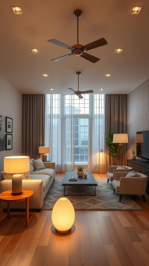 A clean living room with layered lighting, showcasing natural light, ceiling lights, and decorative lamps.