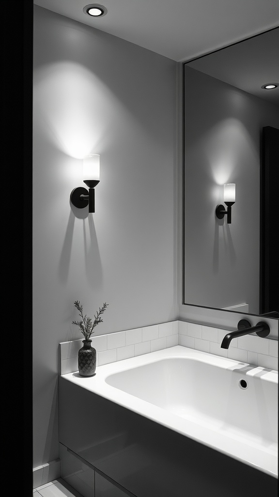 A black and white bathroom with layered lighting, featuring wall sconces and a small plant on the bathtub ledge.