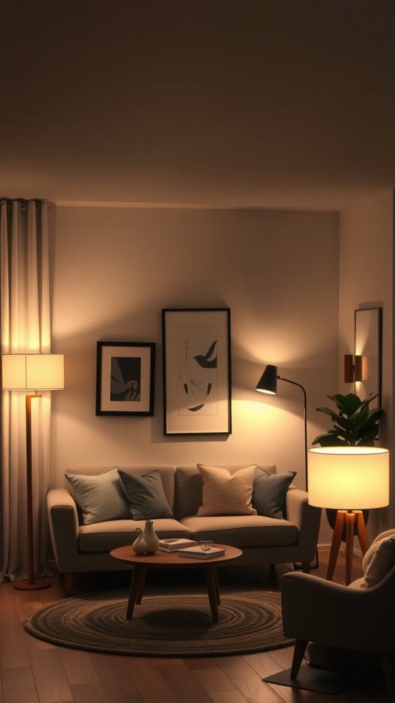 Cozy living room with layered lighting, featuring a sofa, coffee table, and various light sources.