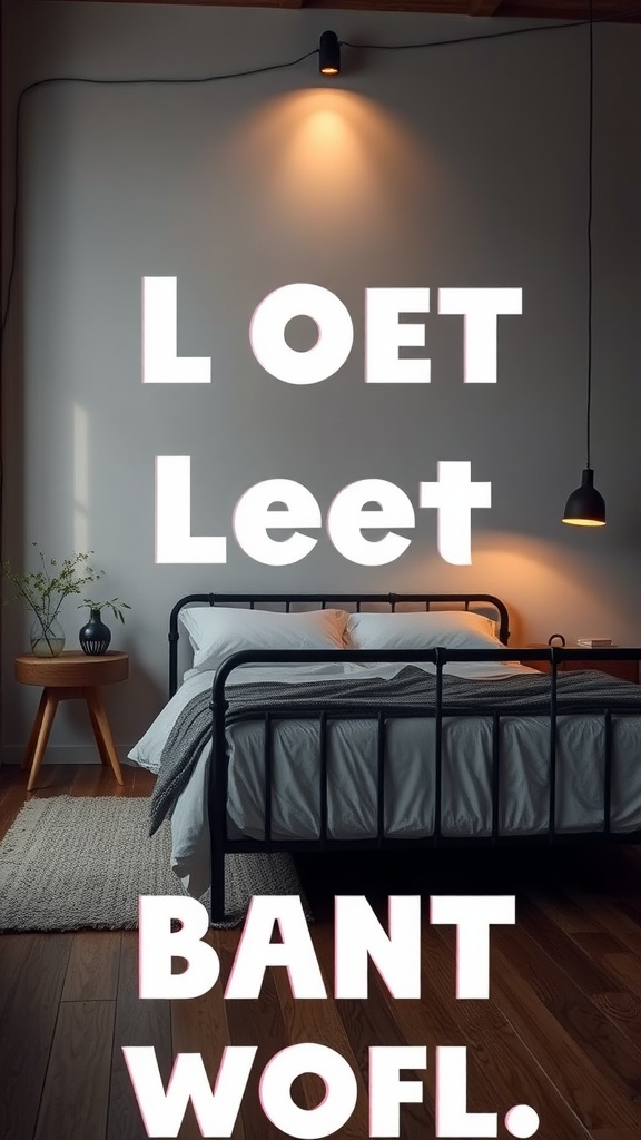 A cozy bedroom featuring a black bedframe with layered lighting effects.