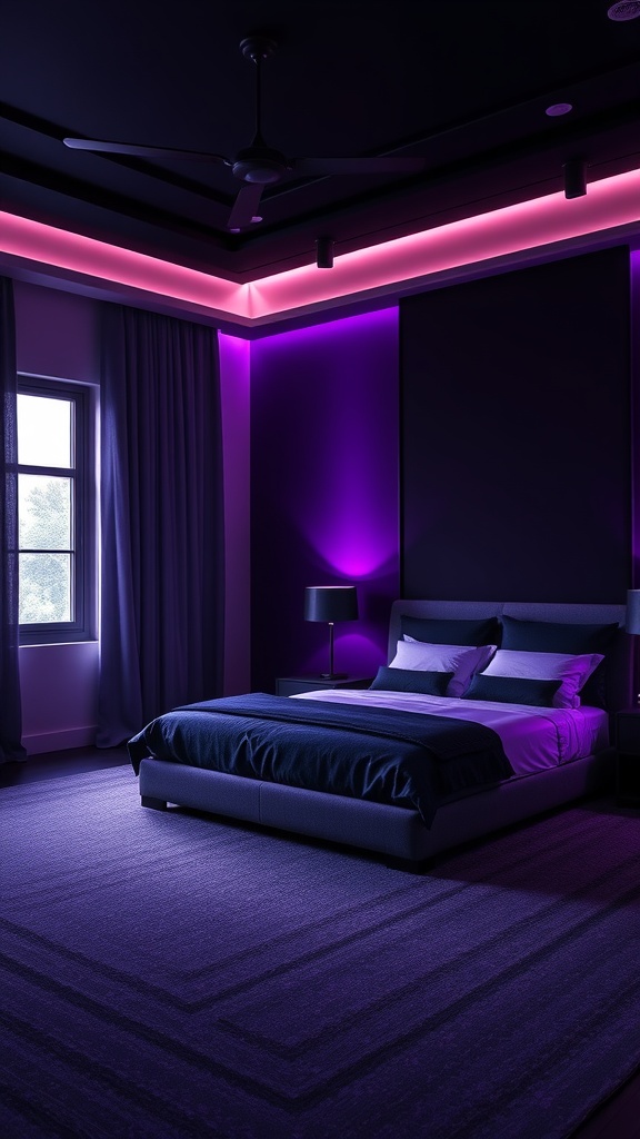 A stylish black and purple bedroom featuring layered lighting effects with a cozy bed and modern decor.