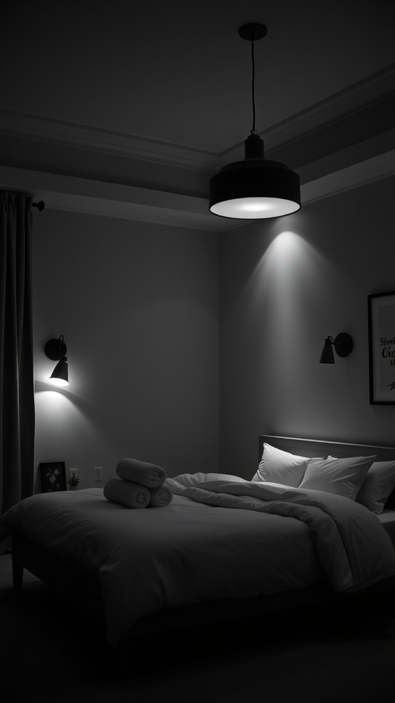 A stylish black and white bedroom featuring layered lighting with a ceiling light and wall sconces.