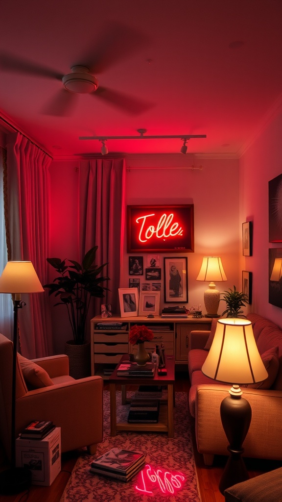 A cozy 90s living room with layered lighting fixtures, including floor and table lamps, and a neon sign.