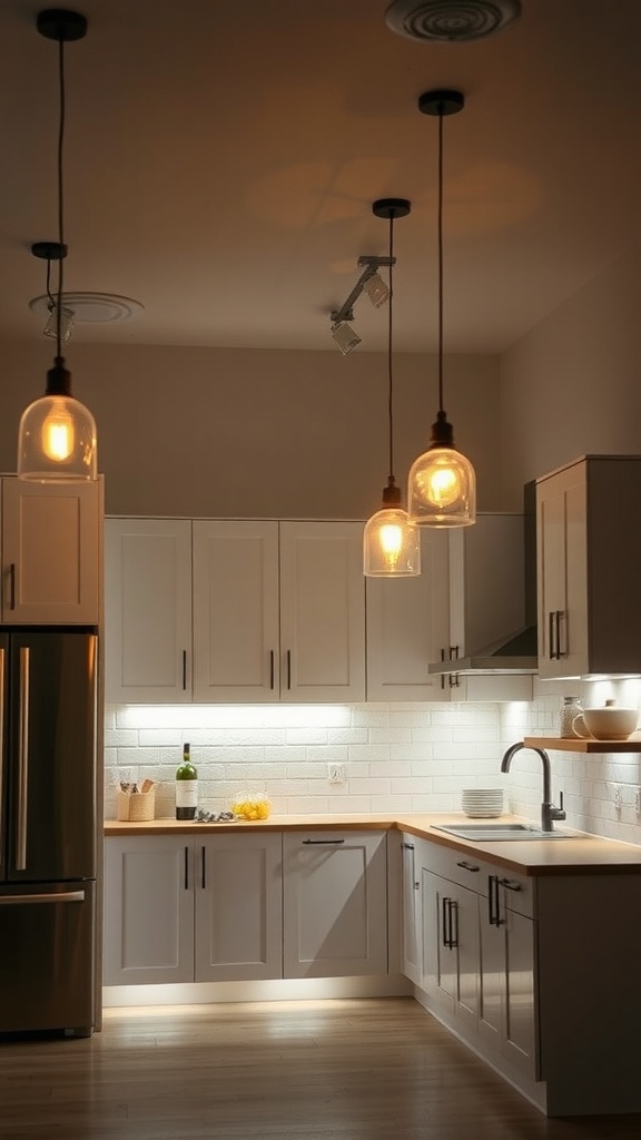 A cozy kitchen featuring layered lighting with pendant lights and under-cabinet lighting.