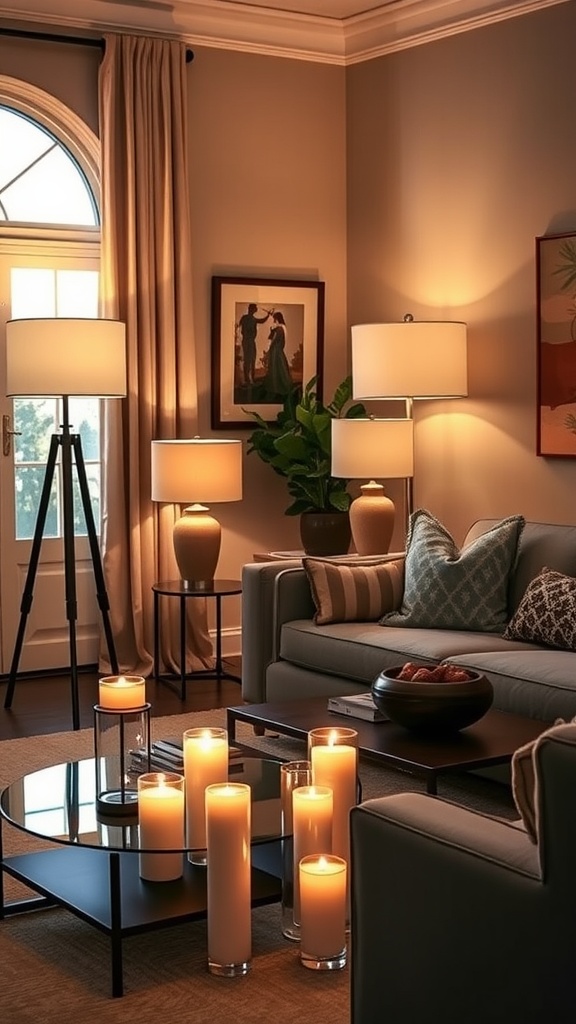 A cozy living room with layered lighting, featuring table and floor lamps, candles, and plants.