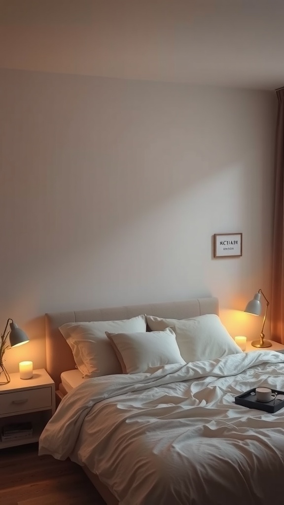 A minimal bedroom with layered lighting, featuring bedside lamps and candles.