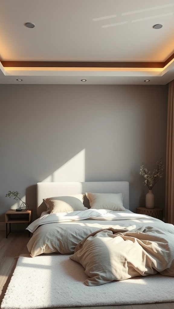 A serene gray and beige bedroom with layered lighting, featuring recessed lights and warm accent lighting.