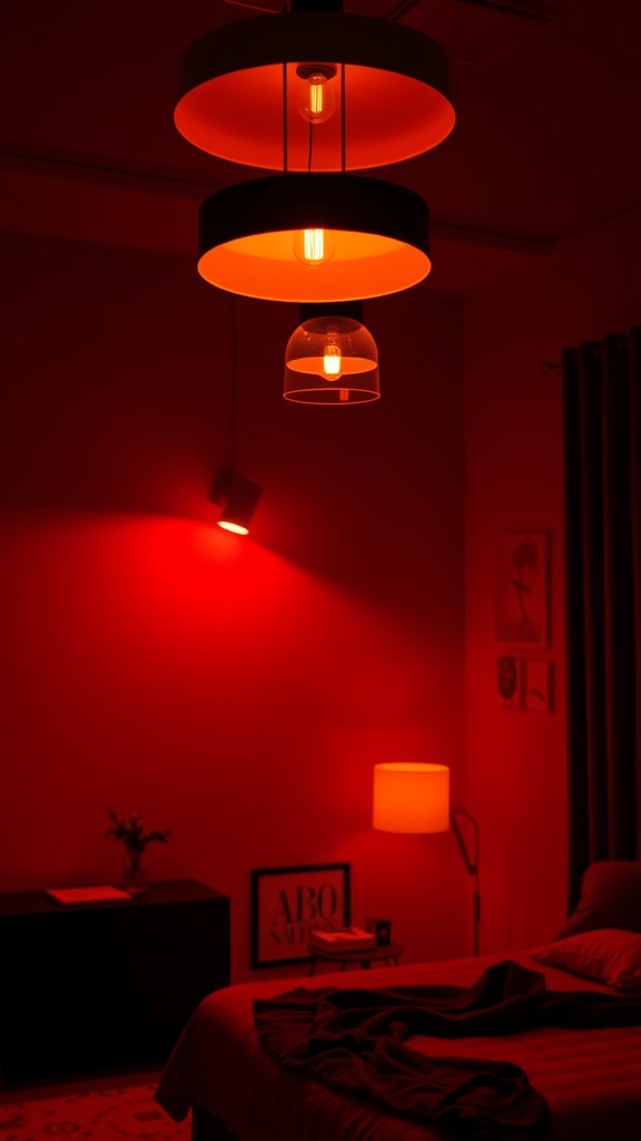 A red and black bedroom featuring layered lighting with pendant lights and a floor lamp.