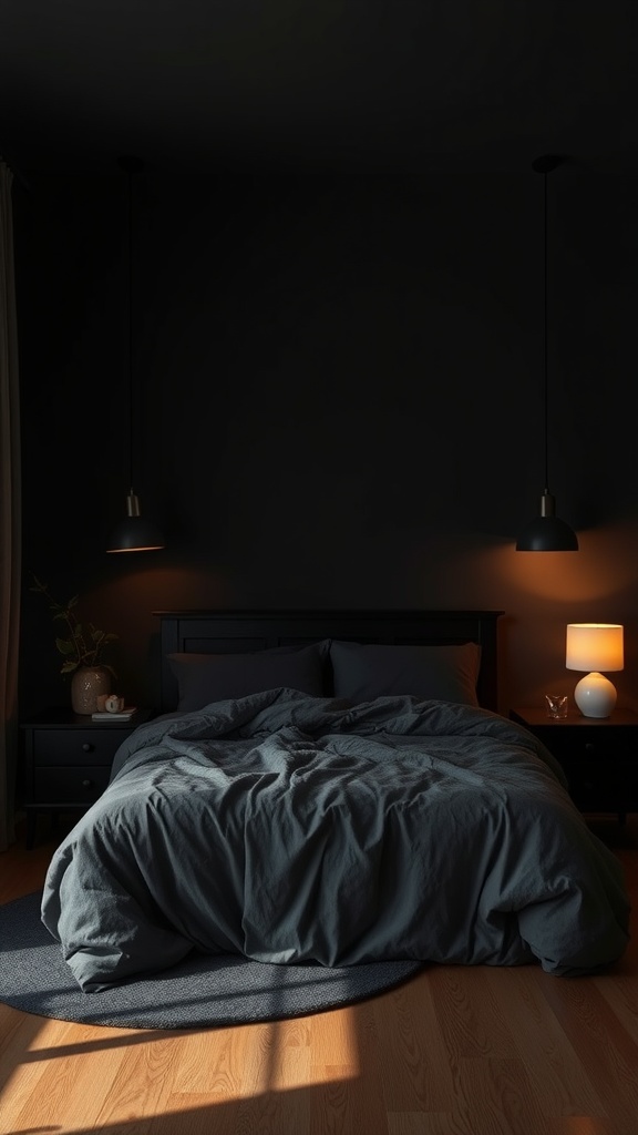 A cozy black bedroom featuring layered lighting with pendant lights and a bedside lamp.