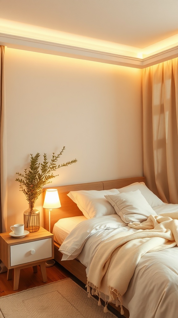 A cozy beige bedroom with layered lighting, featuring a bedside lamp and soft ceiling lights.