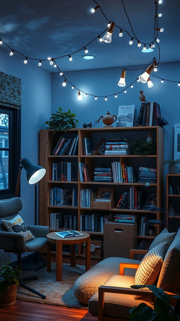 A cozy living space featuring layered lighting solutions with string lights and a floor lamp.