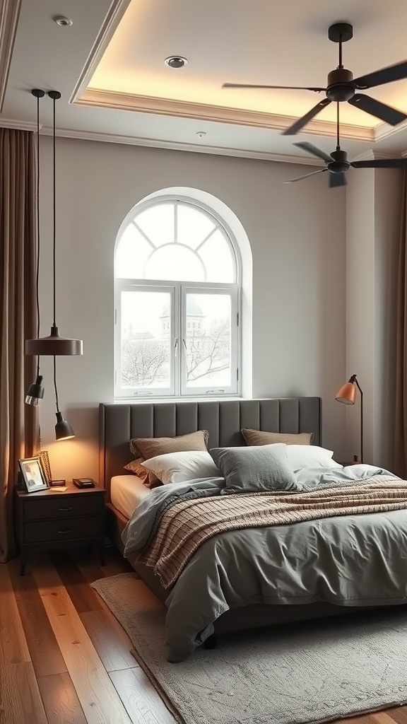 A stylish black and brown bedroom featuring layered lighting solutions with ceiling lights and bedside lamps.