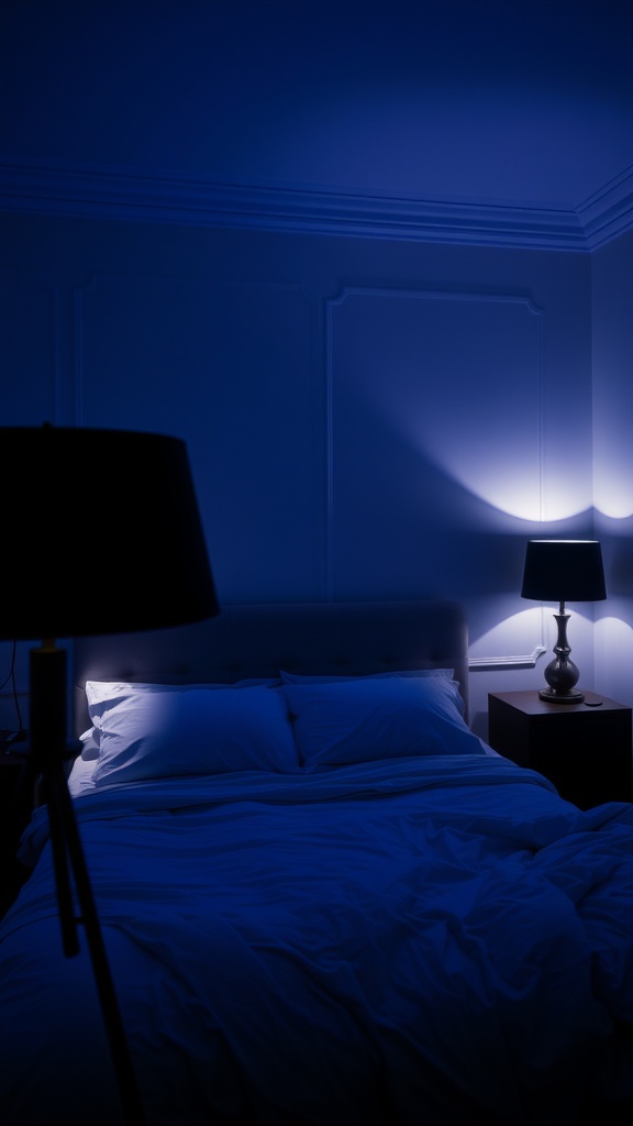 A cozy black and blue bedroom with layered lighting, featuring a bed with white linens and bedside lamps casting soft light.