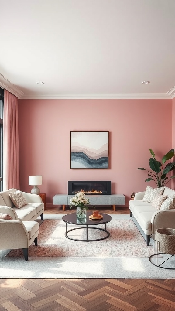 A pink living room with grey furniture and a modern aesthetic, featuring artwork and plants.