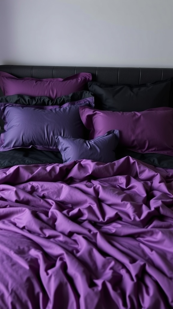 A bed with layered purple and black bedding, featuring various pillows.