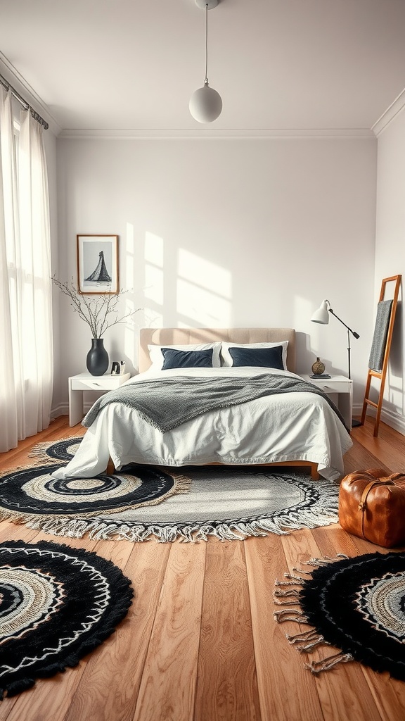 A cozy black, white, and grey bedroom featuring layered circular rugs on wooden flooring.