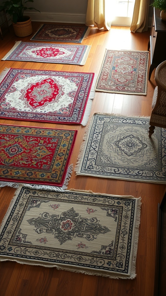 A cozy living room with layered rugs in warm colors on a wooden floor, creating an inviting atmosphere.