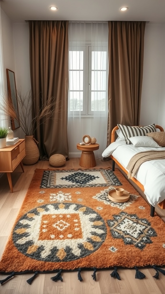 A cozy bedroom featuring a layered rug with intricate patterns, brown curtains, and light wood flooring.