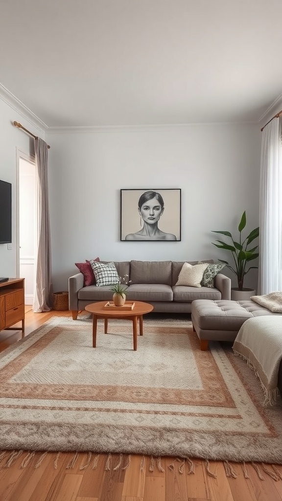 A stylish living room featuring layered rugs, a gray sofa, and decorative cushions.