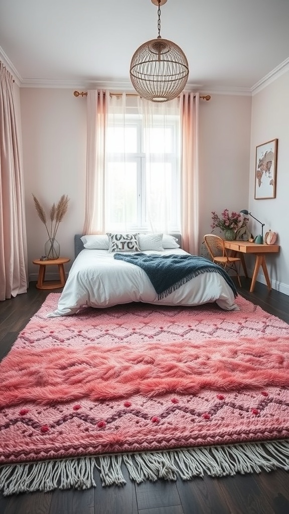 A pink rug layered in a bedroom with a bed and desk, showcasing a cozy and stylish design.