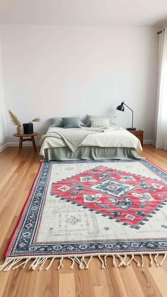 A cozy bedroom featuring a layered rug with vibrant patterns, a bed with soft bedding, and warm wooden floors.