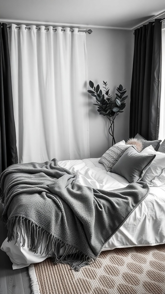 A cozy black and white bedroom featuring layered textiles with a gray blanket, decorative pillows, and contrasting curtains.