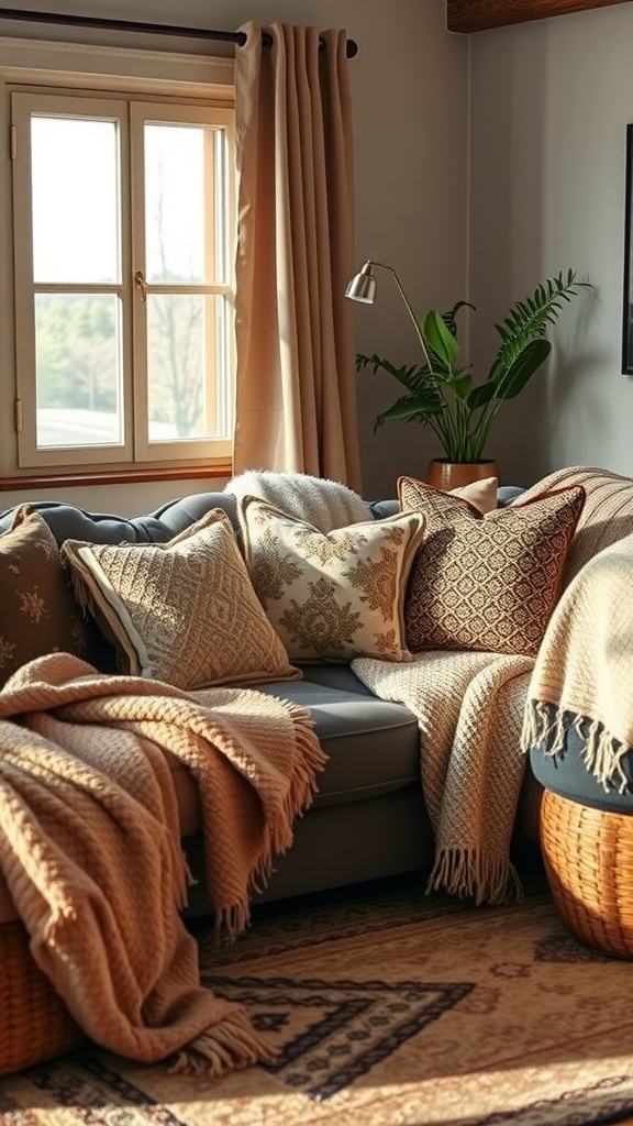 Cozy living room with a sofa covered in layered textiles, decorative pillows, and a basket.