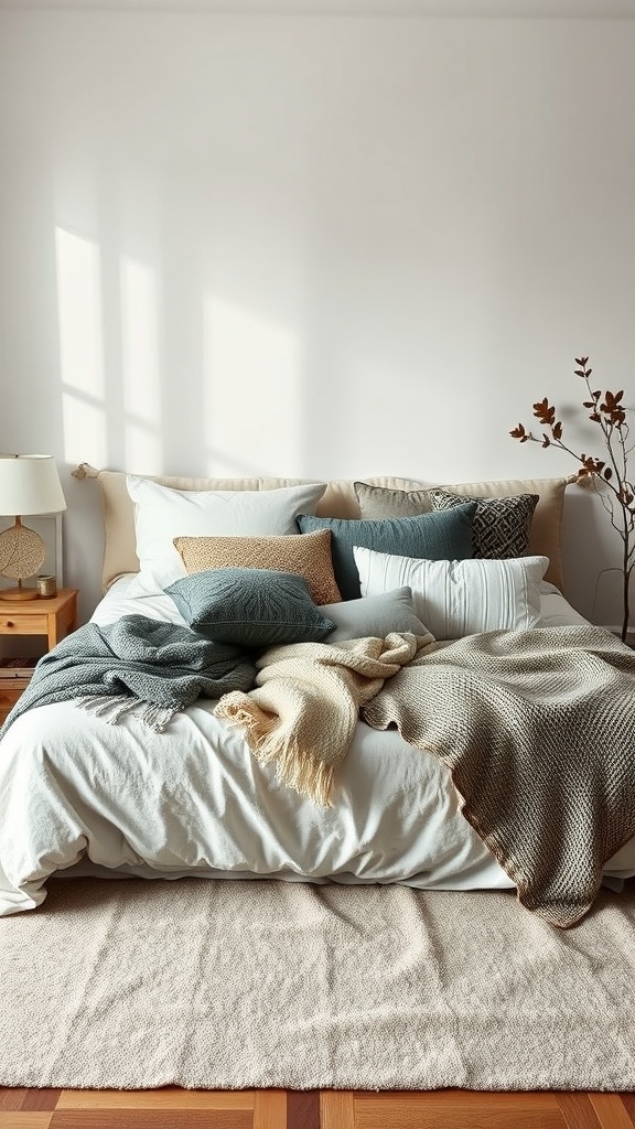 A cozy bedroom with a layered bed featuring various pillows and blankets, complemented by a soft area rug.