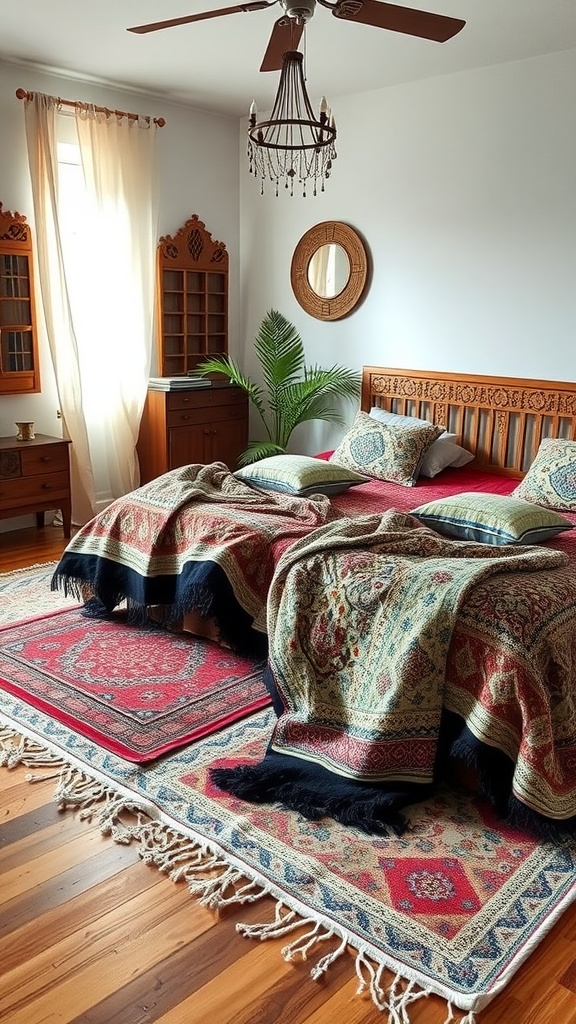 A boho bedroom featuring layered textiles, patterned blankets, and decorative pillows.