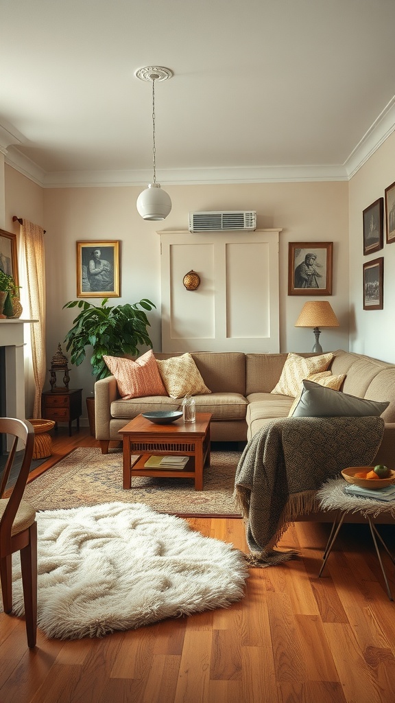 A cozy vintage living room with layered textiles and rugs.
