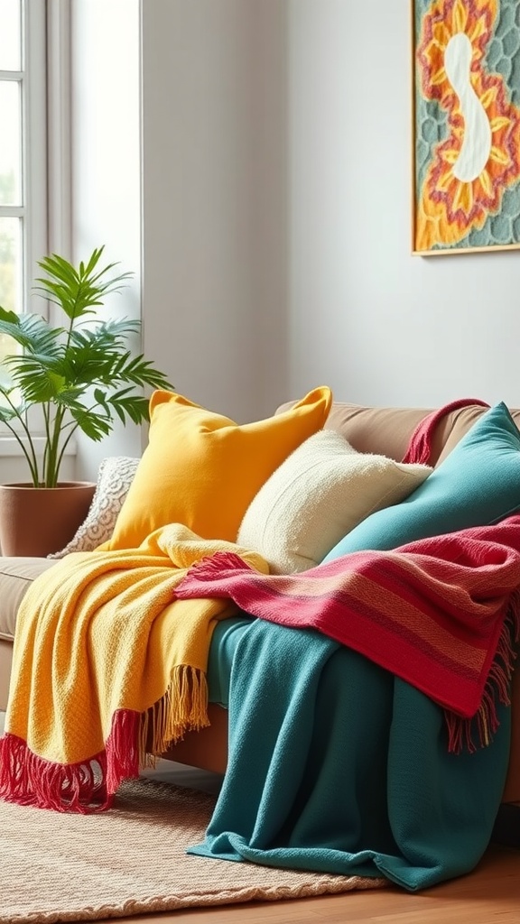 A cozy living room featuring a sofa adorned with colorful pillows and blankets, creating a layered textile look.
